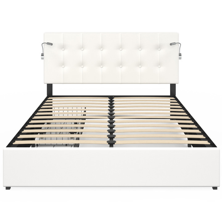 Letto matrimoniale 140 x 190 con testiera imbottita in PVC bianco e luci di lettura - MAEL | Zen Cart! IDMarket