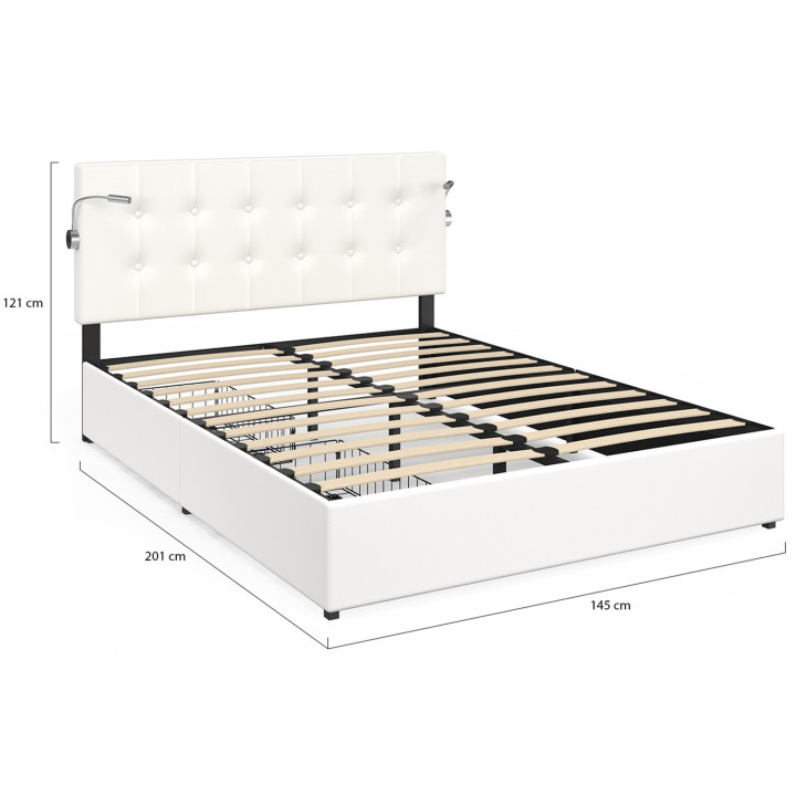Letto matrimoniale 140 x 190 con testiera imbottita in PVC bianco e luci di lettura - MAEL | Zen Cart! IDMarket