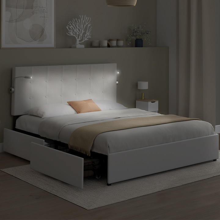 Letto matrimoniale 140 x 190 con testiera imbottita in PVC bianco e luci di lettura - MAEL | Zen Cart! IDMarket