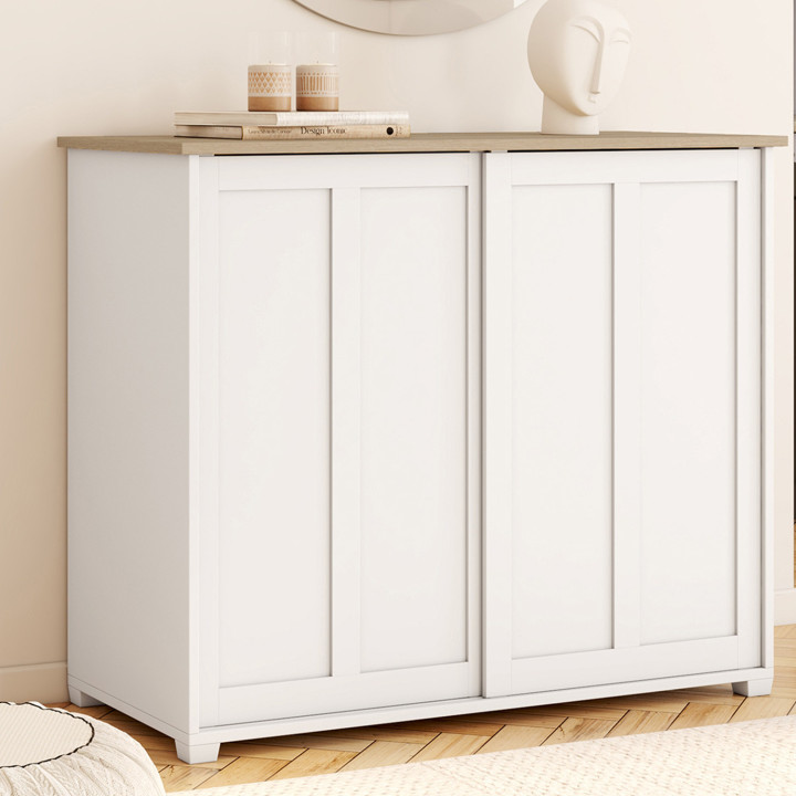 Credenza da 100 cm con 2 ante scorrevoli e piano in legno - JANGO | IDMarket