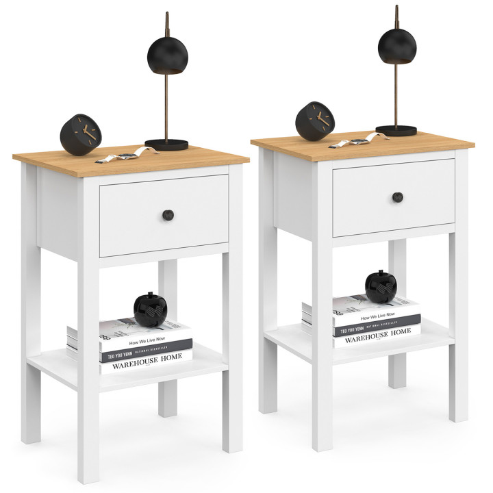 Comodini con 1 cassetto e 1 ripiano bianco e piano in legno - ACHILLE | IdMarket