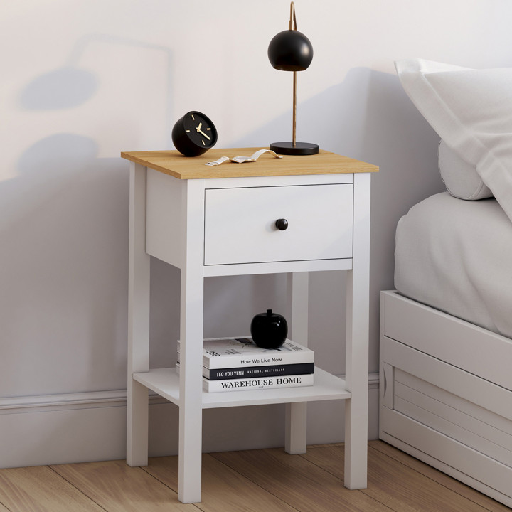 Comodini con 1 cassetto e 1 ripiano bianco e piano in legno - ACHILLE | IdMarket