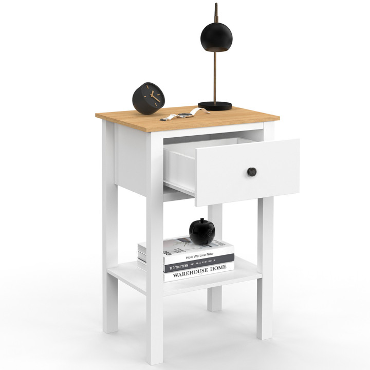 Comodini con 1 cassetto e 1 ripiano bianco e piano in legno - ACHILLE | IdMarket
