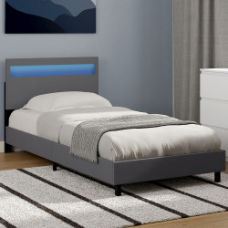 Letto singolo con testata LED integrata e base a rete 90 x 190 cm PVC grigio - NEO | IDMarket