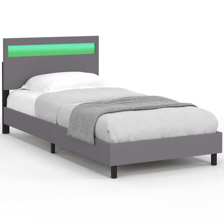Letto singolo con testata LED integrata e base a rete 90 x 190 cm PVC grigio - NEO | IDMarket