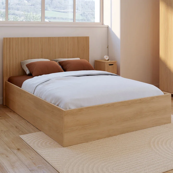 Letto matrimoniale 140x190cm con testiera e rete a doghe effetto legno - JULIETTE | IdMarket