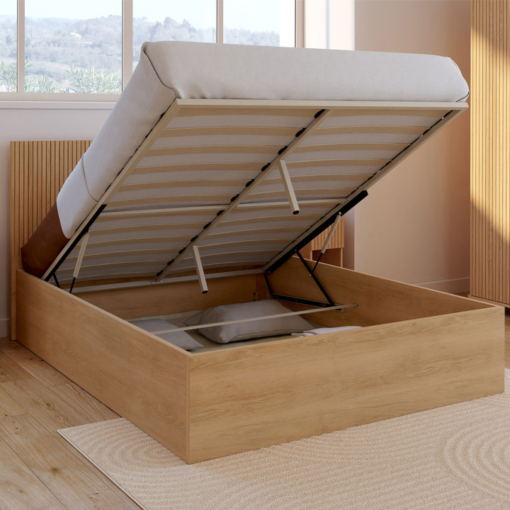 Letto matrimoniale 140x190cm con testiera e rete a doghe effetto legno - JULIETTE | IdMarket