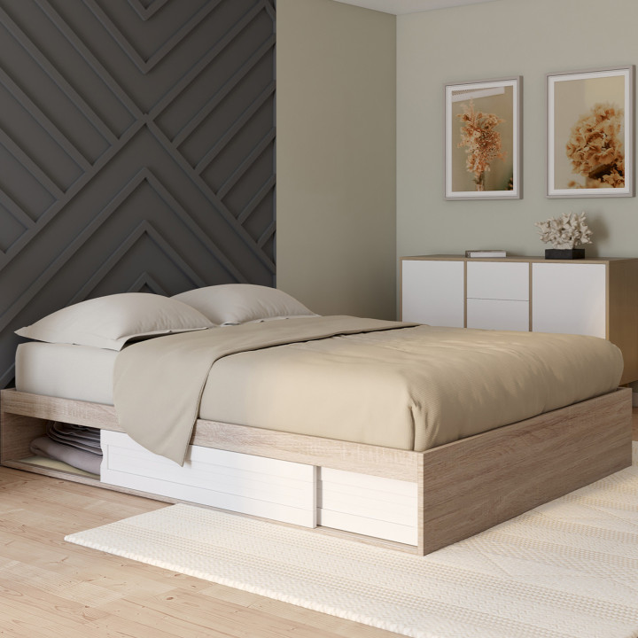 Struttura letto 140x190 cm con base bianca e legno e contenitore - SALEM | ID Market