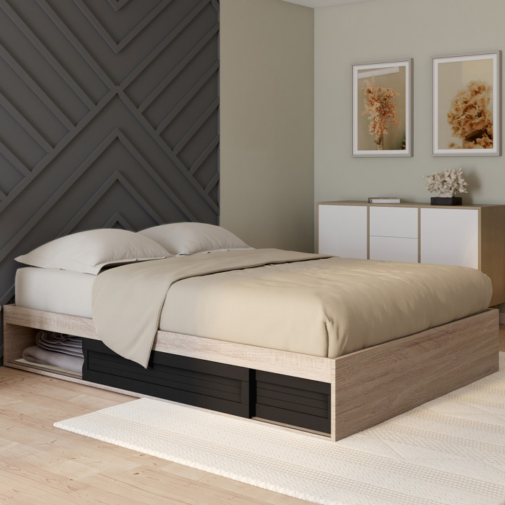 Struttura letto 140x190cm con contenitore e base in legno e nero - SALEM | ID Market