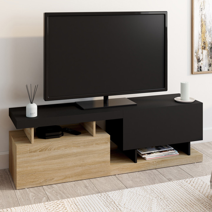 Porta TV 140cm a 2 ante effetto legno e nero - ANGULO | IdMarket