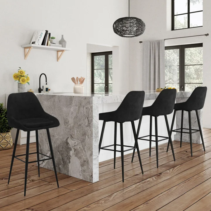 Set di 4 sgabelli da bar in velluto nero con mezzi braccioli - THALYA | Zen Cart! IDMarket