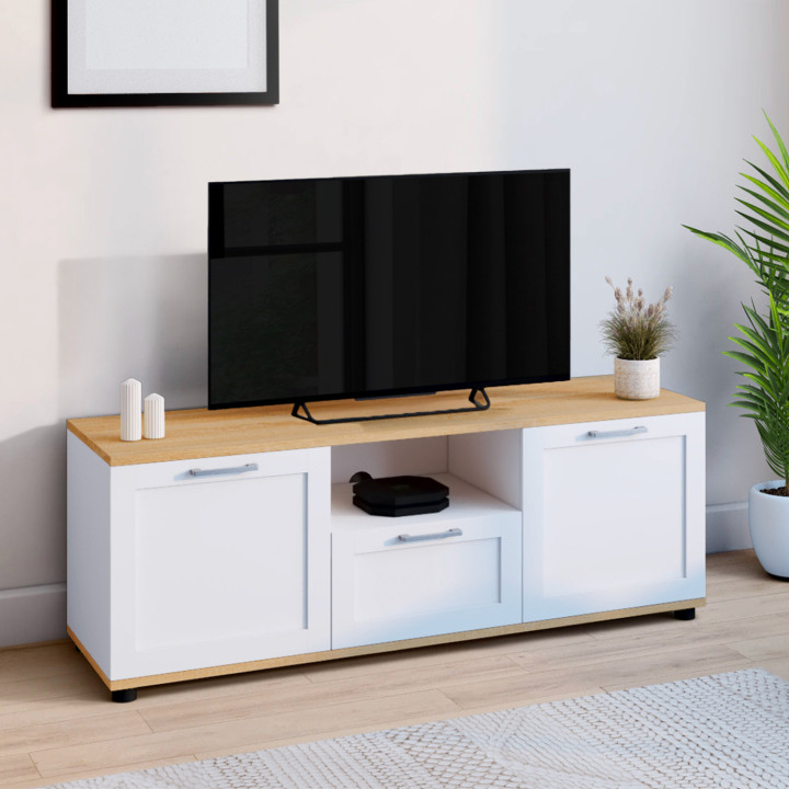 Porta TV bianco e legno con cassetto e nicchia 110 cm - VITO | ID Market