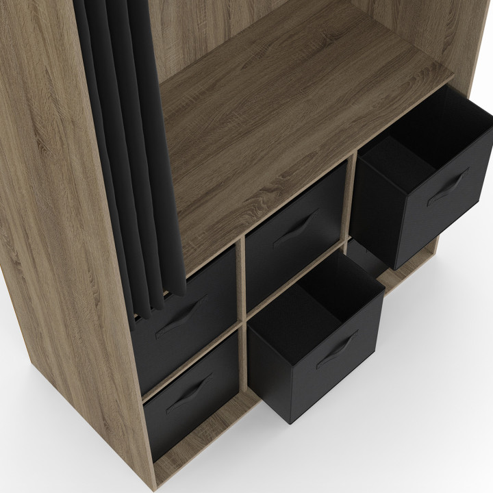 Armadio 104 x 50 x 172 cm in faggio con 6 contenitori + tenda nera - DIANE | Carrello Zen! IDMarket