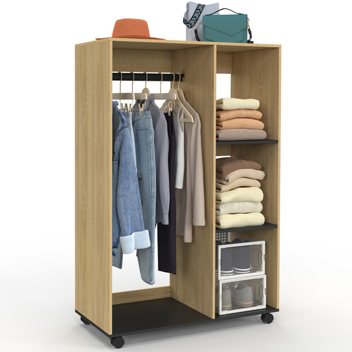 Armadio RACHEL 80 x 40 x 120 cm su rotelle, faggio e nero