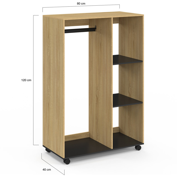 Armadio RACHEL 80 x 40 x 120 cm su rotelle, faggio e nero