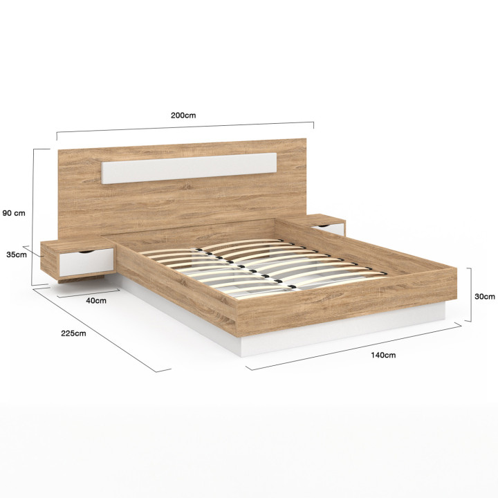 Letto matrimoniale 140x190 in legno e bianco con testiera e comodini - SANTA | ID Market