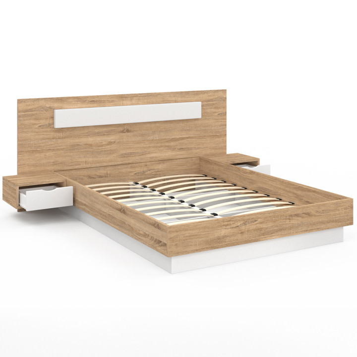 Letto matrimoniale 140x190 in legno e bianco con testiera e comodini - SANTA | ID Market