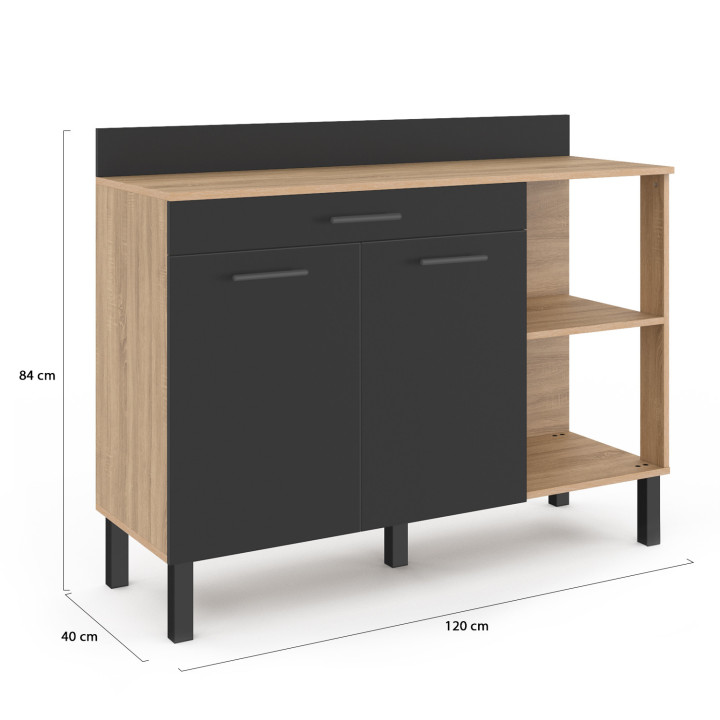 Comò basso da cucina 120 cm ante in faggio + cassetto nero - CINA | ID Market