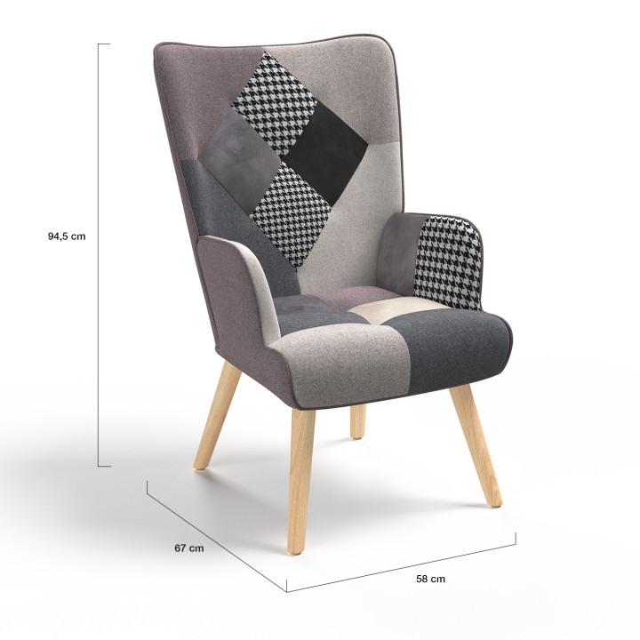 Poltrona scandinava in tessuto patchwork nero, grigio e bianco - IVAR | ID Market