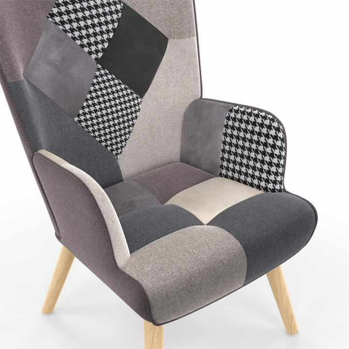 Poltrona scandinava in tessuto patchwork nero, grigio e bianco - IVAR | ID Market