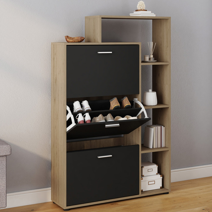 Scarpiera a 3 ante in finto faggio e nero con ripiani | ID Market