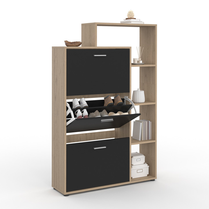 Scarpiera a 3 ante in finto faggio e nero con ripiani | ID Market