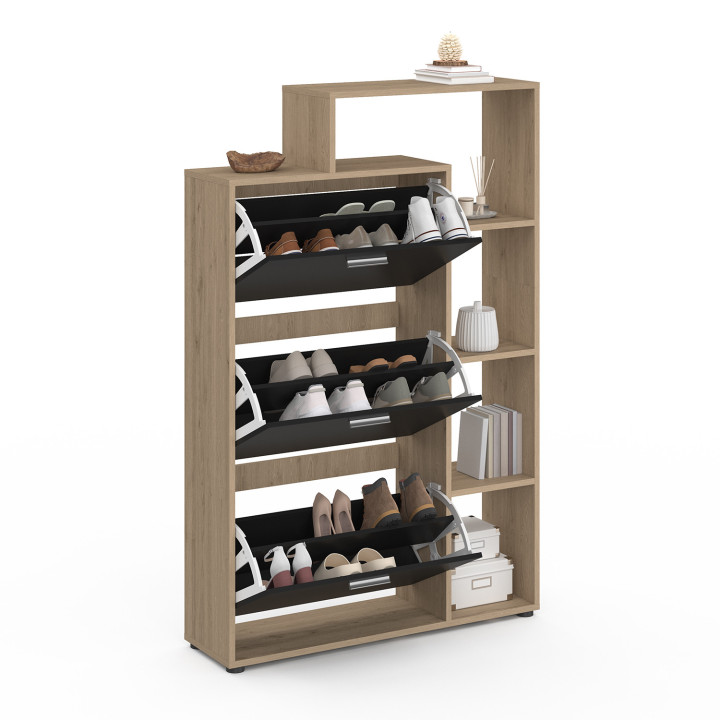 Scarpiera a 3 ante in finto faggio e nero con ripiani | ID Market