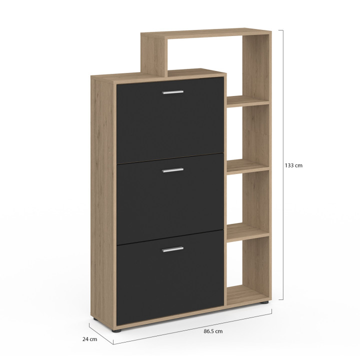 Scarpiera a 3 ante in finto faggio e nero con ripiani | ID Market