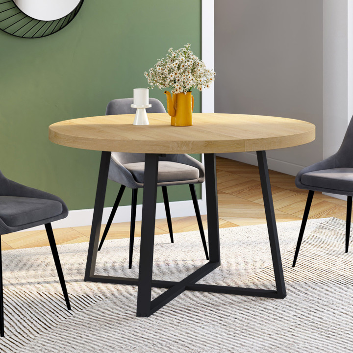 Tavolo da pranzo rotondo allungabile in legno e nero per 4-8 persone - SELMA |ID Market