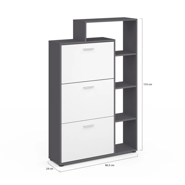 Scarpiera a 3 ante grigia e bianca con ripiani | ID Market