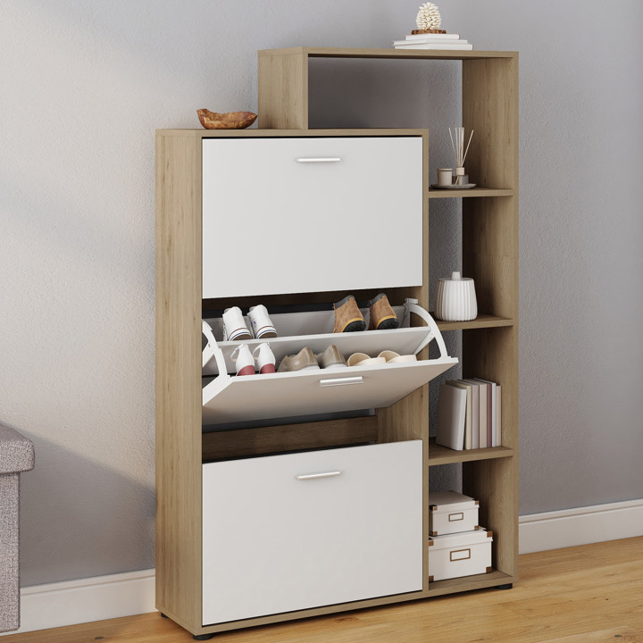 Scarpiera a 3 ante in faggio e bianco con ripiani | ID Market