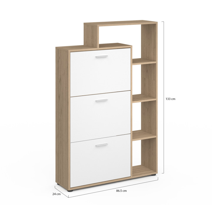 Scarpiera a 3 ante in faggio e bianco con ripiani | ID Market
