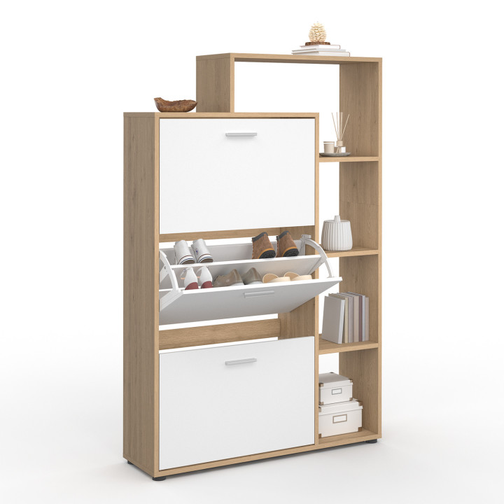 Scarpiera a 3 ante in faggio e bianco con ripiani | ID Market