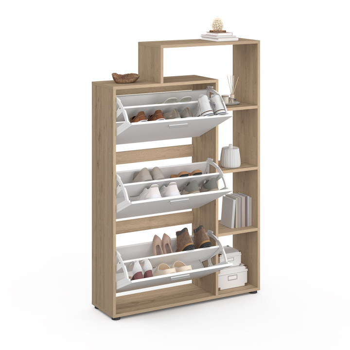 Scarpiera a 3 ante in faggio e bianco con ripiani | ID Market