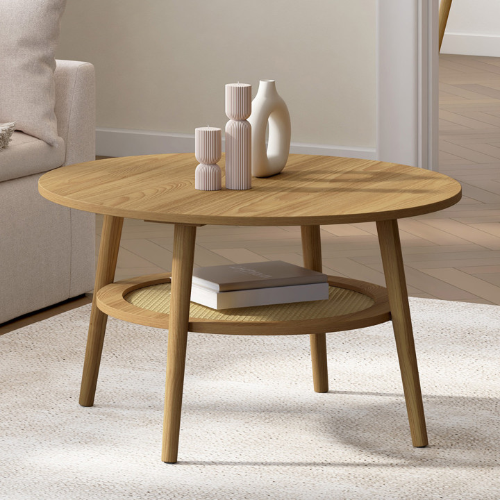 Tavolino rotondo da 70 cm in faggio con piano effetto canna naturale - HANAE | IdMarket