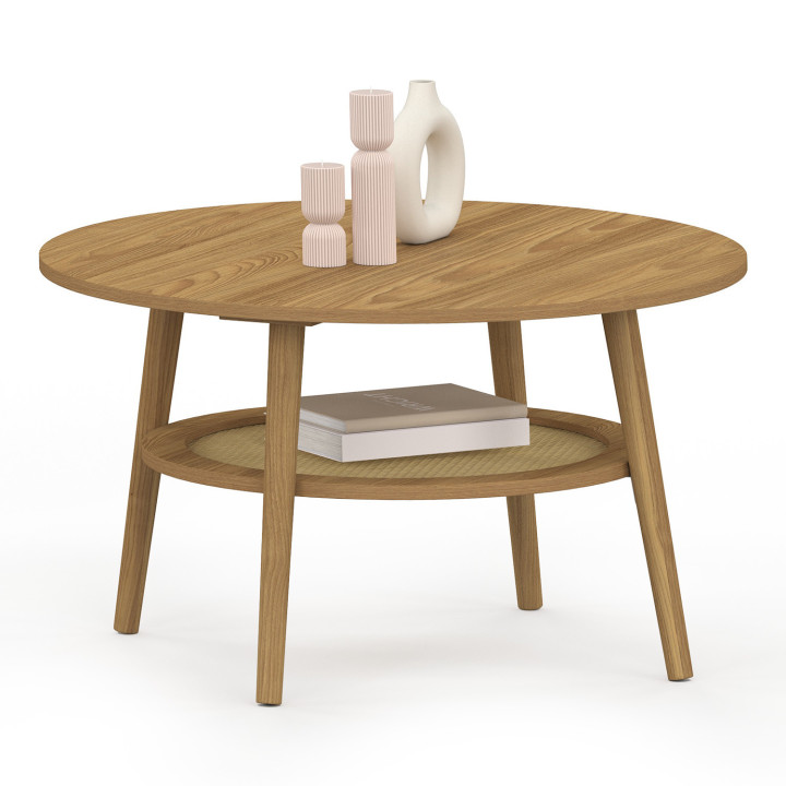Tavolino rotondo da 70 cm in faggio con piano effetto canna naturale - HANAE | IdMarket