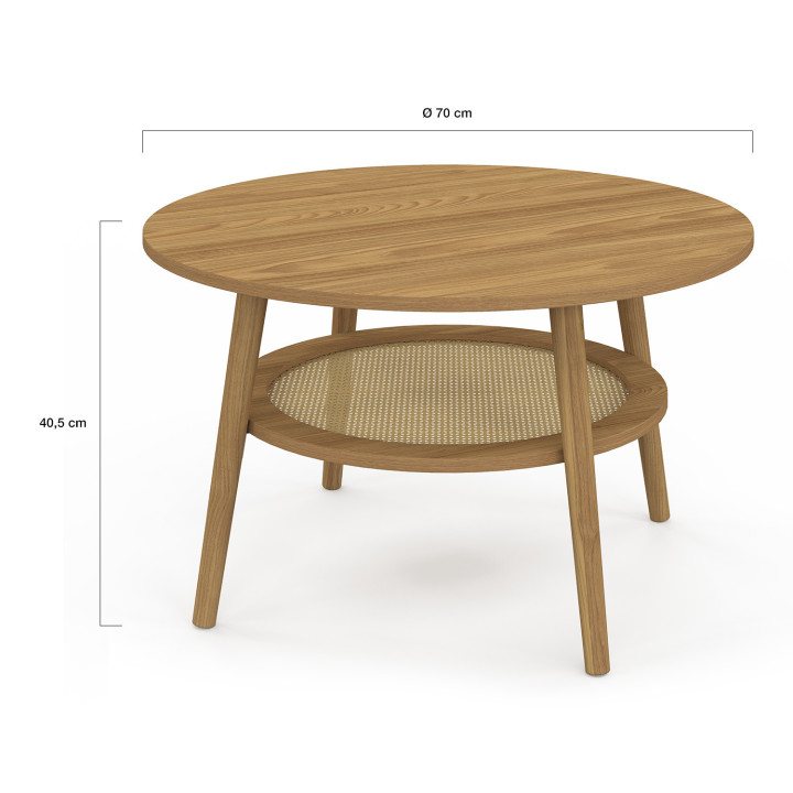 Tavolino rotondo da 70 cm in faggio con piano effetto canna naturale - HANAE | IdMarket