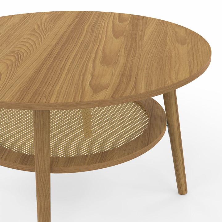 Tavolino rotondo da 70 cm in faggio con piano effetto canna naturale - HANAE | IdMarket