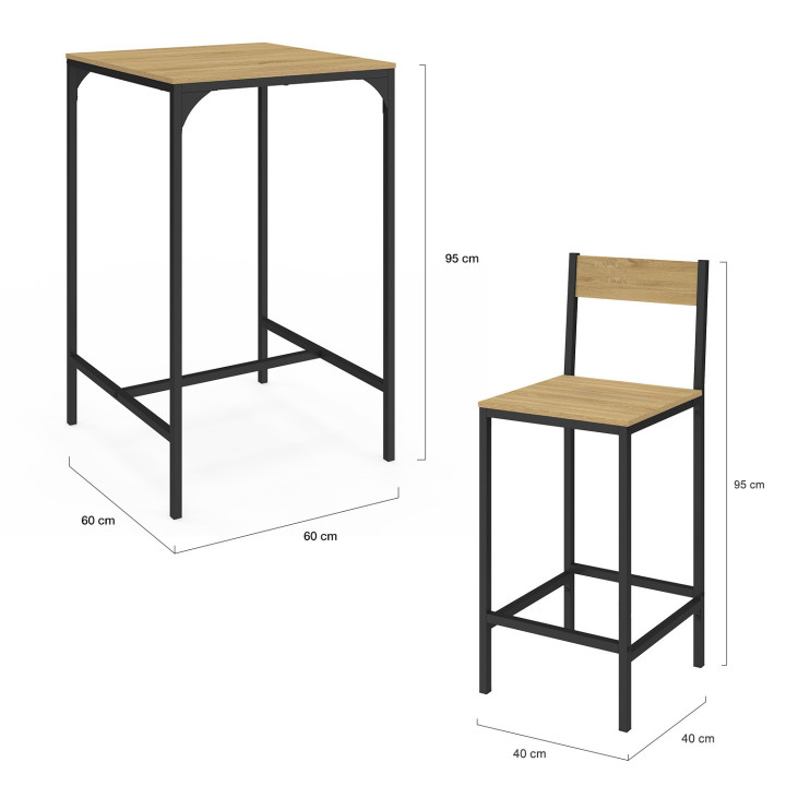 Tavolo da bar quadrato e 2 sedie da bar dal design industriale - DETROIT | IDMarket
