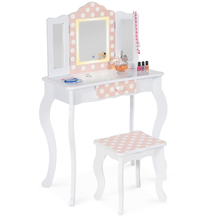 Tavolino per bambini con 3 specchi bianchi e rosa e sgabello - ROZA LED | La famiglia ROZA IDMarket