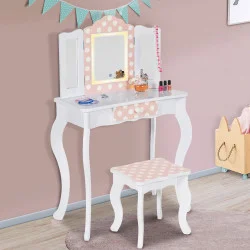 Tavolino per bambini con 3 specchi bianchi e rosa e sgabello - ROZA LED | La famiglia ROZA IDMarket