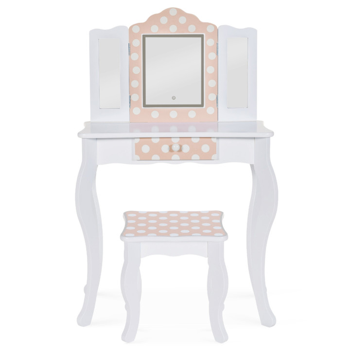 Tavolino per bambini con 3 specchi bianchi e rosa e sgabello - ROZA LED | La famiglia ROZA IDMarket