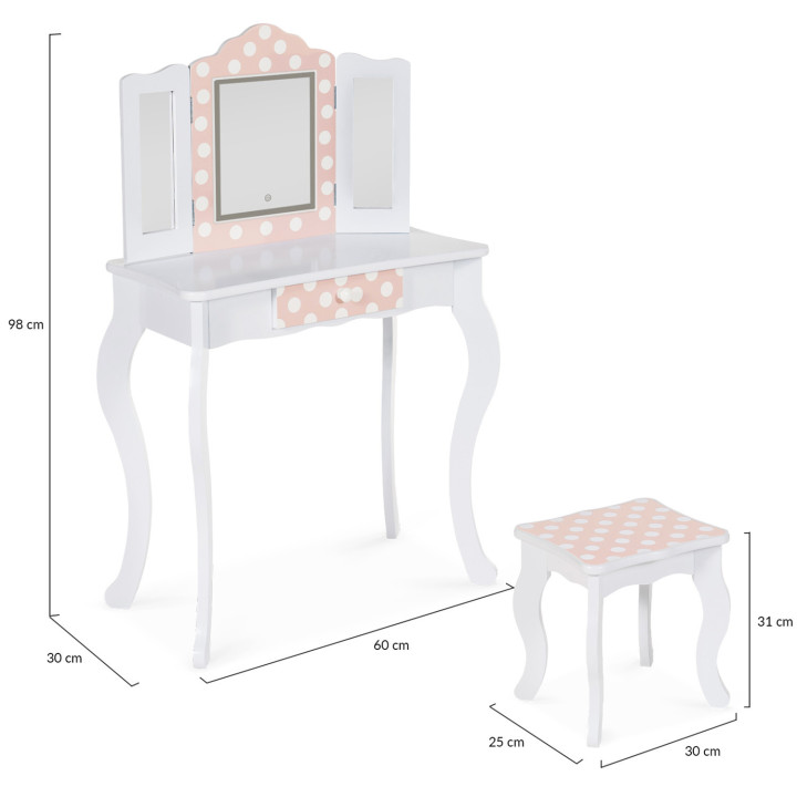 Tavolino per bambini con 3 specchi bianchi e rosa e sgabello - ROZA LED | La famiglia ROZA IDMarket