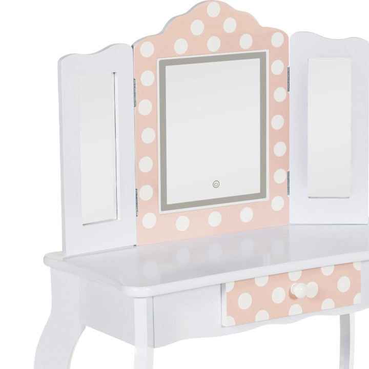 Tavolino per bambini con 3 specchi bianchi e rosa e sgabello - ROZA LED | La famiglia ROZA IDMarket