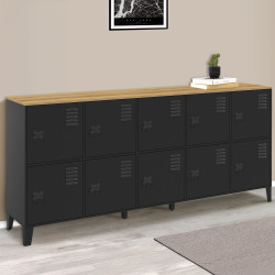 Comò a 10 ante in metallo nero con piano in legno dal design industriale, 180 cm - ESTER | Zen Cart! IDMarket