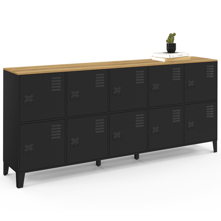 Comò a 10 ante in metallo nero con piano in legno dal design industriale, 180 cm - ESTER | Zen Cart! IDMarket