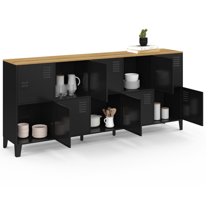 Comò a 10 ante in metallo nero con piano in legno dal design industriale, 180 cm - ESTER | Zen Cart! IDMarket