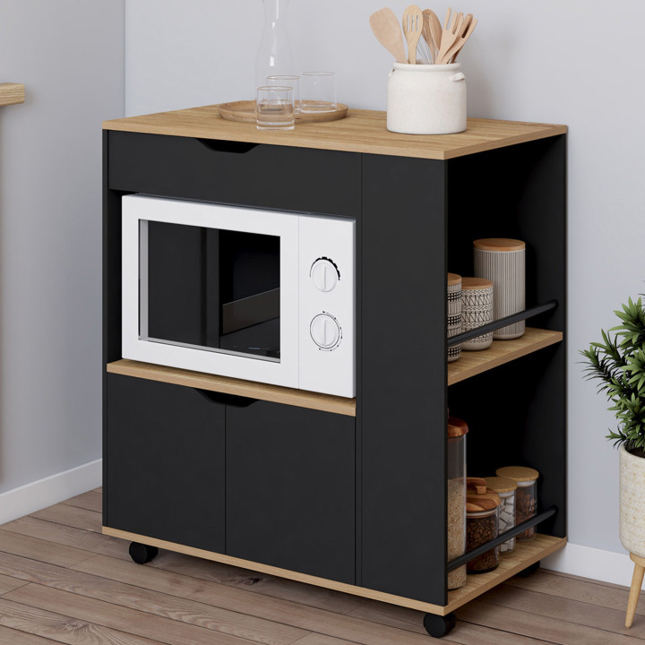 Credenza per microonde con cassetto e portaspezie, in legno nero - COSI | IDMarket