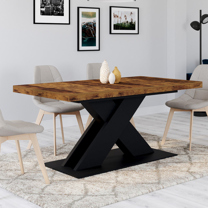 Tavolo da pranzo rettangolare allungabile 6-10 persone piano in legno scuro e gamba X nera 160-200 cm - ALICIA | IDMarket