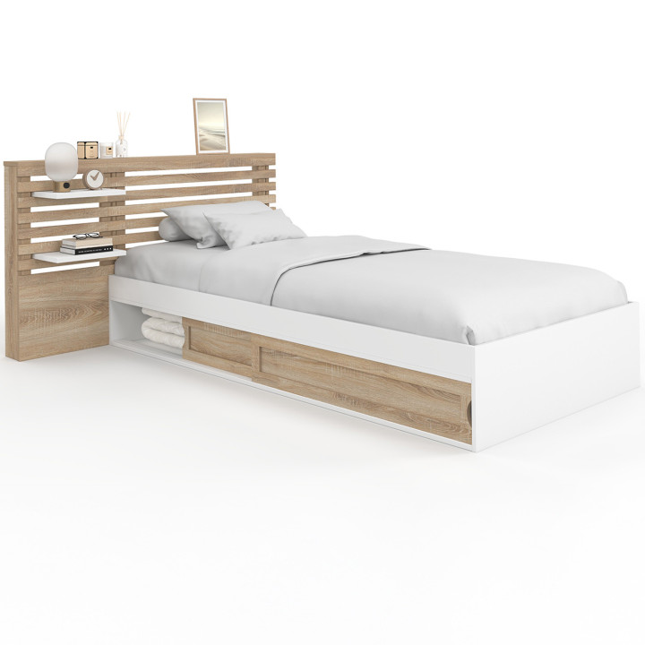 Letto singolo e rete a doghe 90x190cm con testiera in faggio e contenitore - SAVANA | IdMarket
